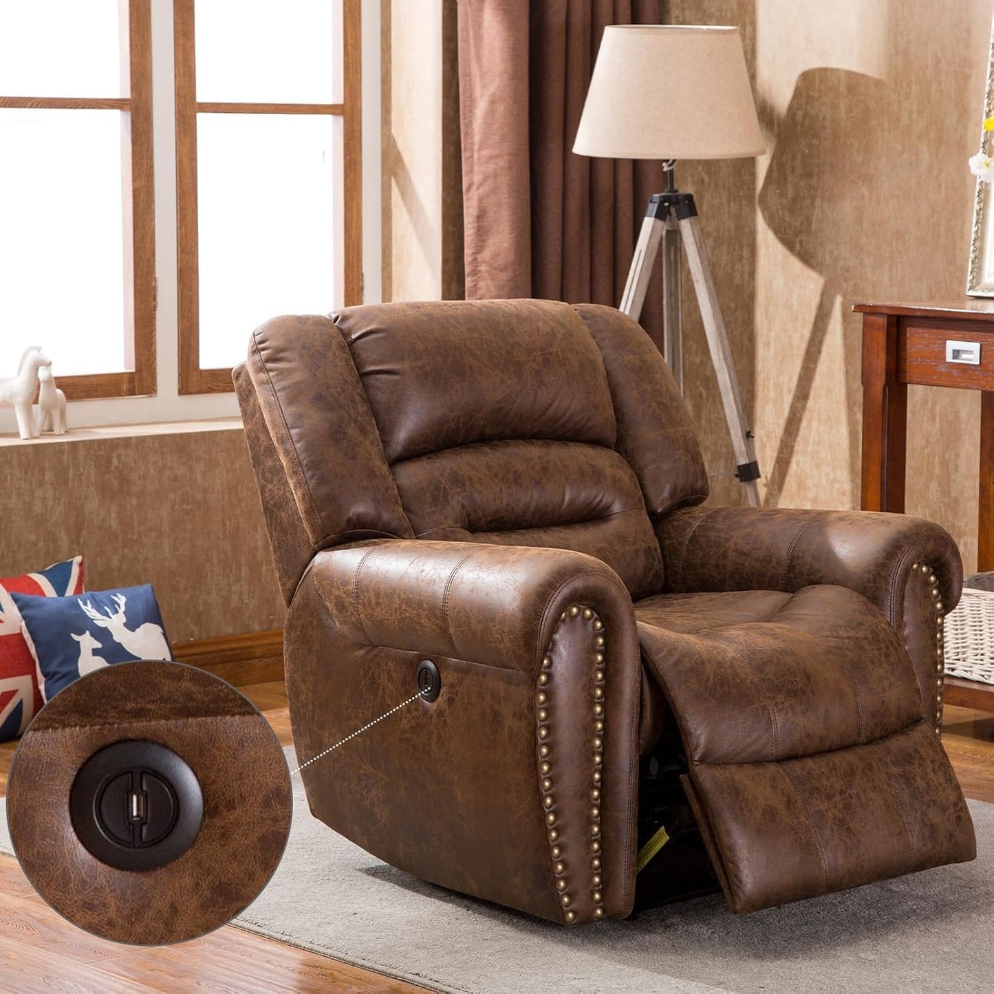 CANMOV Power Recliner Chair,Faux Leather Electric Recliner Chair with Padded Arms and Adjustable Backrest,Single Sofa with USB Charger for Living Room,Nut Brown