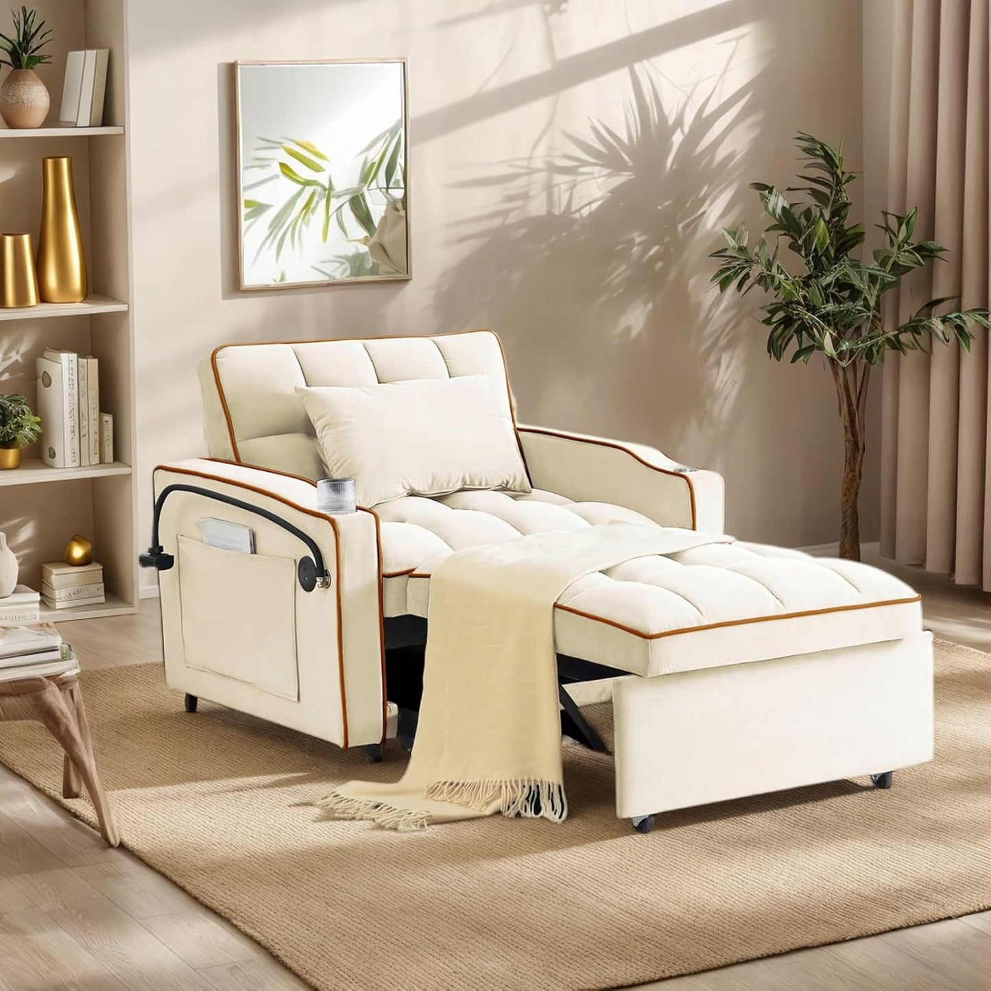 3 in 1 Sleeper Sofa Chair Bed,Velvet Convertible Sleeper Chair,Pull Out Bed Chair with USB Port & Ashtray and Swivel Phone Stand & Storage Pockets,Modern Chair for Living Room