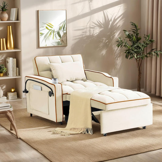 3 in 1 Sleeper Sofa Chair Bed,Velvet Convertible Sleeper Chair,Pull Out Bed Chair with USB Port & Ashtray and Swivel Phone Stand & Storage Pockets,Modern Chair for Living Room