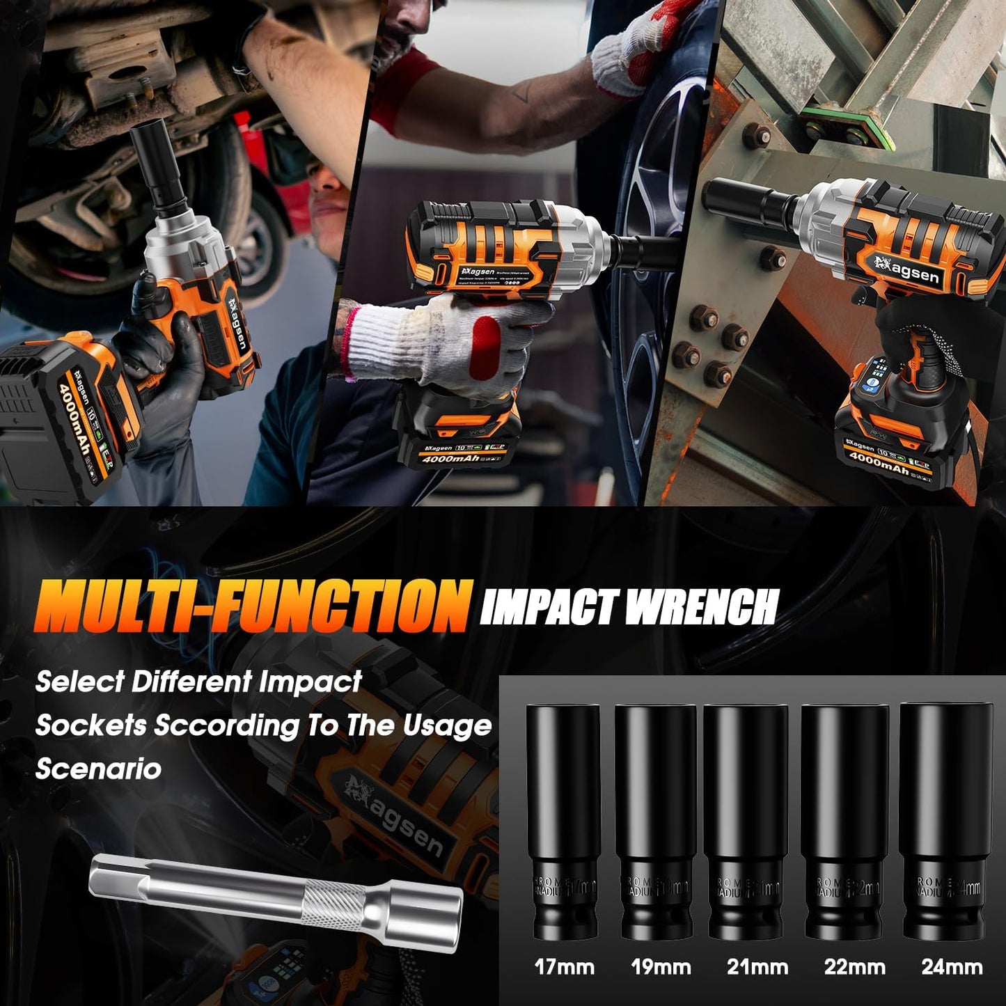 1/2 inch Cordless Impact Wrench, 900Ft-lbs (1200N.m) High Torque Brushless Impact Gun,3800RPM,2x4000mAh Battery, 6 Sockets,LED Light,Electric Impact Motor Variable Speeds for Car/Mower/Pickup