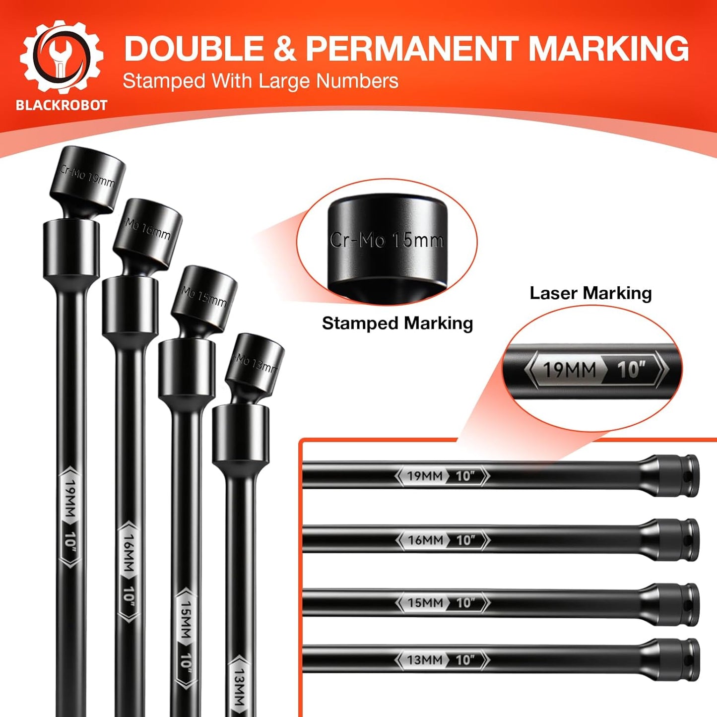 BLACKROBOT 10-Inch 3/8" Drive Impact Swivel Extension Socket Set - Pinless Universal Joint, Metric Size (10-19mm), 6-Point, Cr-Mo Steel
