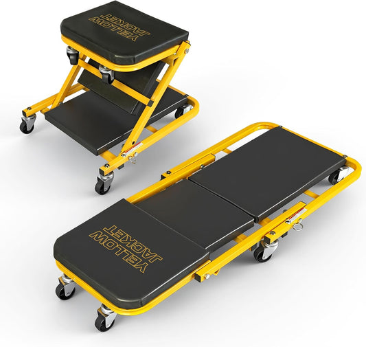 YELLOW JACKET Garage Creeper Seat, 2-in-1 Creepers Automotive, Mechanic Creeper, Foldable Z Garage Creeper with 6 PCS Wheels, Rolling Creeper Garage Seat Lay Down or Sit for Shop, Auto Repair