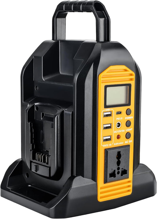 350W Portable Power Supply Inverter Power Adapter Compatible with Dewalt 20V Li-ion Battery, DC 20V to AC 120V Converter with AC Output, USB Port, Type-C Port, 300LM LED Light for Camping Emergency