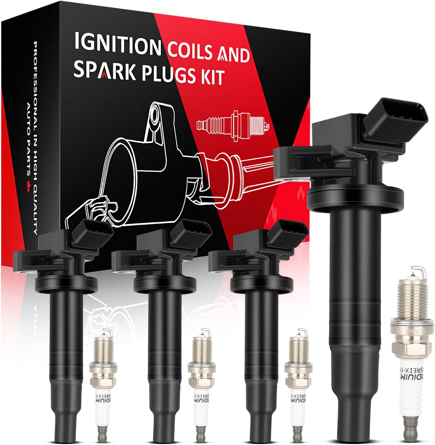 SCITOO ignition coils 4+Spark Plugs 4 4pcs Replacement for P-assat 1.8L 2001-2005,for J-etta 1.8L 2001 2002 2003 2004 2005,for A-udi A4 1.8L 2001-2007 Replace UF411 UF-437, UF-580, CO044