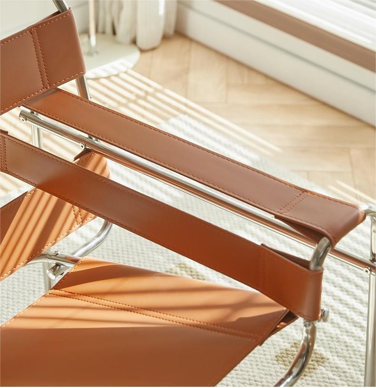Saddle Leather Armchair, Mid-Century Modern Accent Chair, Studio Chair, Stainless Steel Frame for Living Room Bedroom Office Studio, Amber