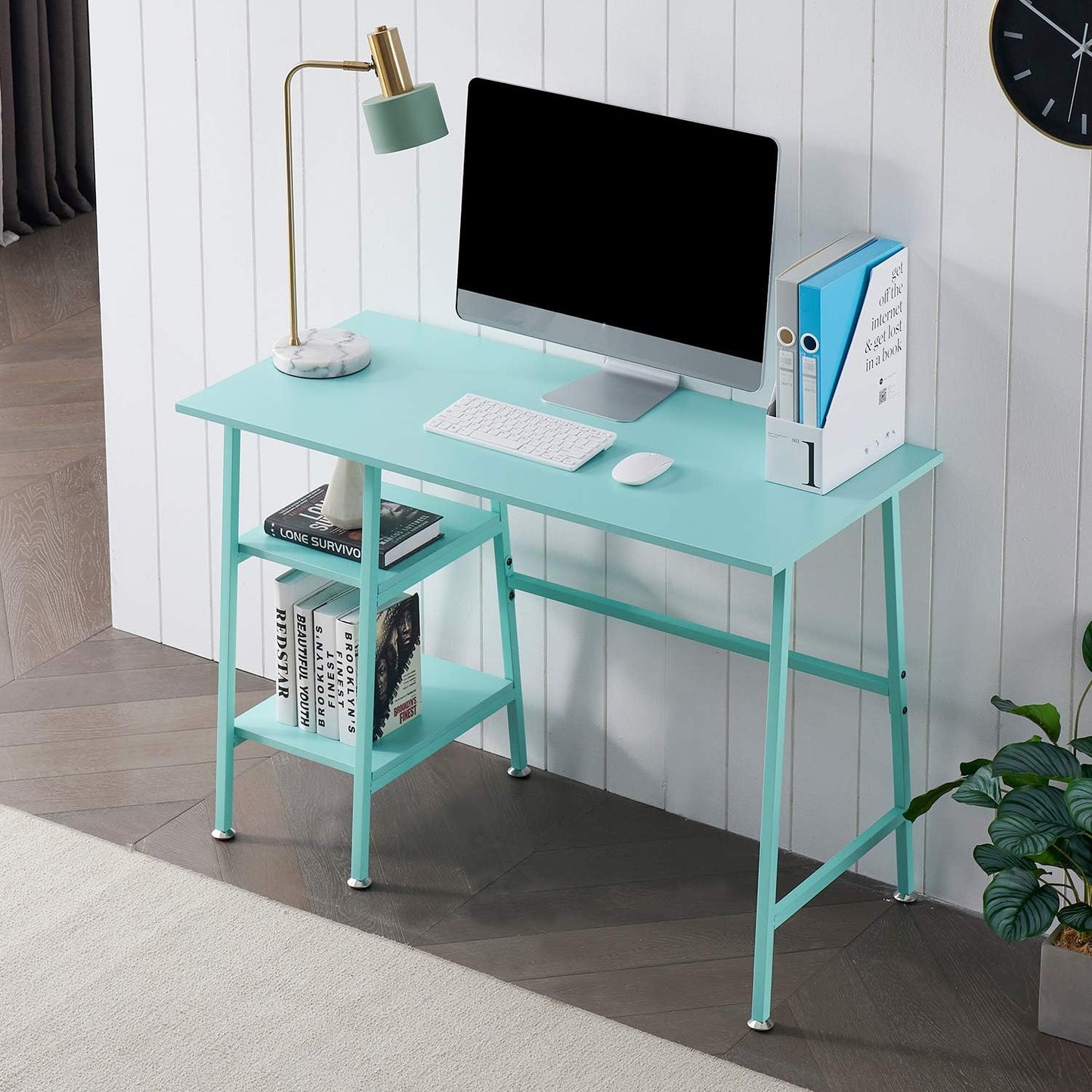 VECELO 43 Inch Computer Home Office Desks, Writing Desk Home Office with 2 Tier Storage Shelves，Adjustable Feet/Waterproof,Simple Workstation, Blue Desk