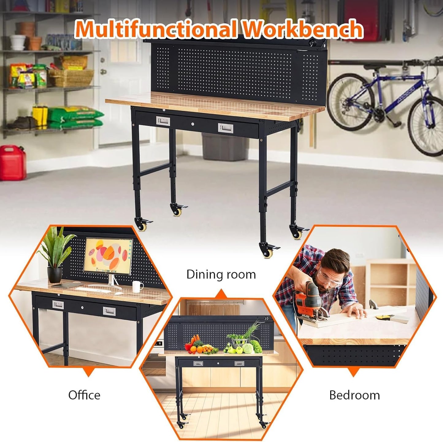 Workbench 60" x 22" Adjustable Height Worktable, Heavy Duty Rubber Wood Top, 2000 LBS Load Capacity, Tool Storage Workstation with Drawer, Pegboard, Power Outlets & Lockable Wheels, with Drawer Back