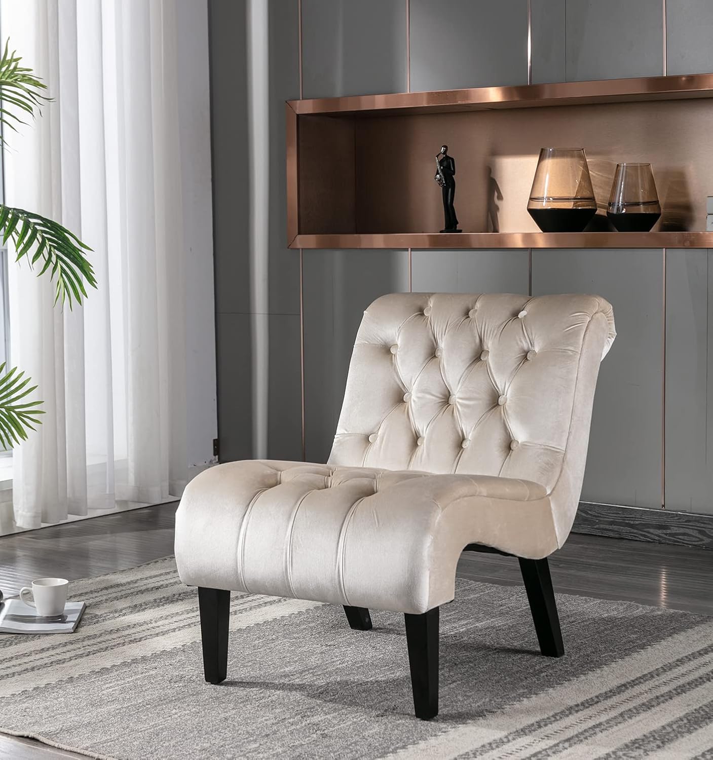 Comfy Velvet Accent Chair Set of 2, Upholstered Armless Side Chair for Living Room, Modern Small Lounger with Tufted Back and Rolled Edge Design, Comfy Chaise Lounge with Rubber Wood Legs, Beige