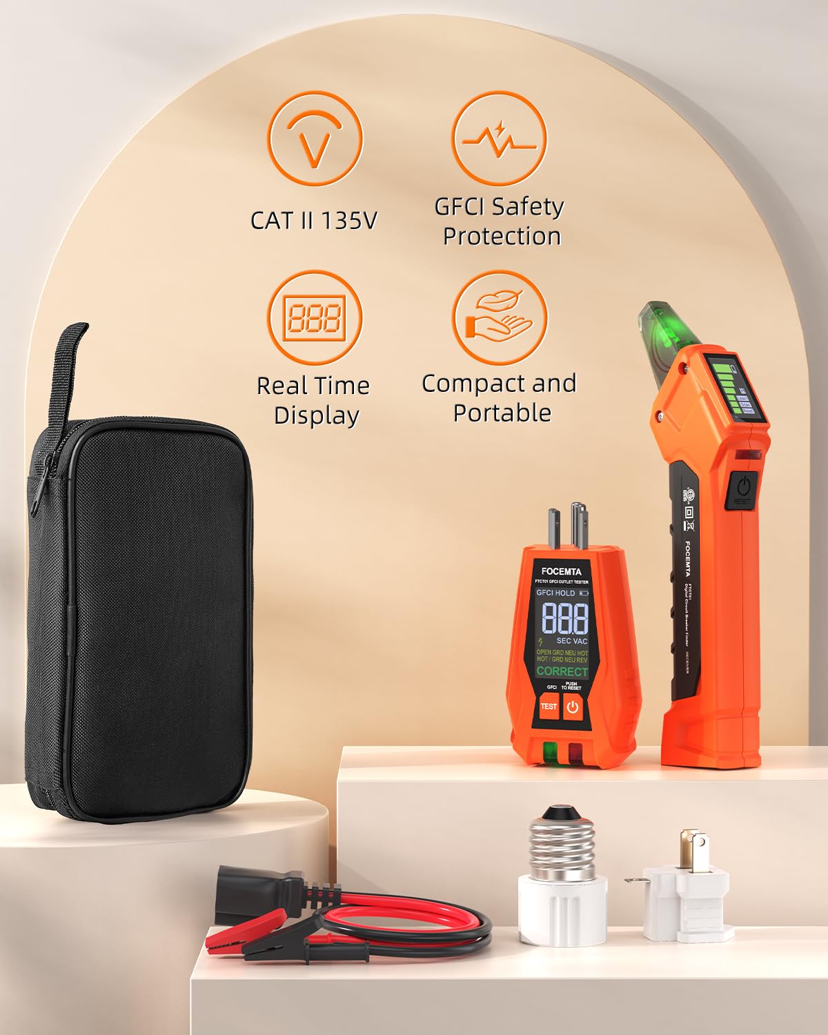 Circuit Breaker Finder Kit with GFCI Outlet Tester for 90-135V AC Circuits,includes Light Socket Adapter, 3-2 Prong Grounding Adapter & Clip adapter,Portable Electrical Tool with Carrying Case