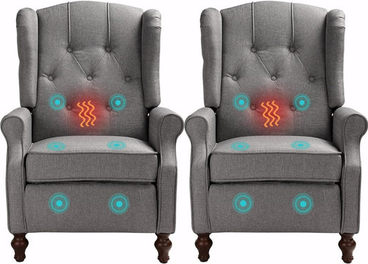 Wingback Recliner Chair Set of 2 with Massage and Heat, Push Back Accent Armchair with Adjustable Backrest, Nailhead Trim, Upholstered Fabric Chair for Living Room, Small Spaces(Light Gray)