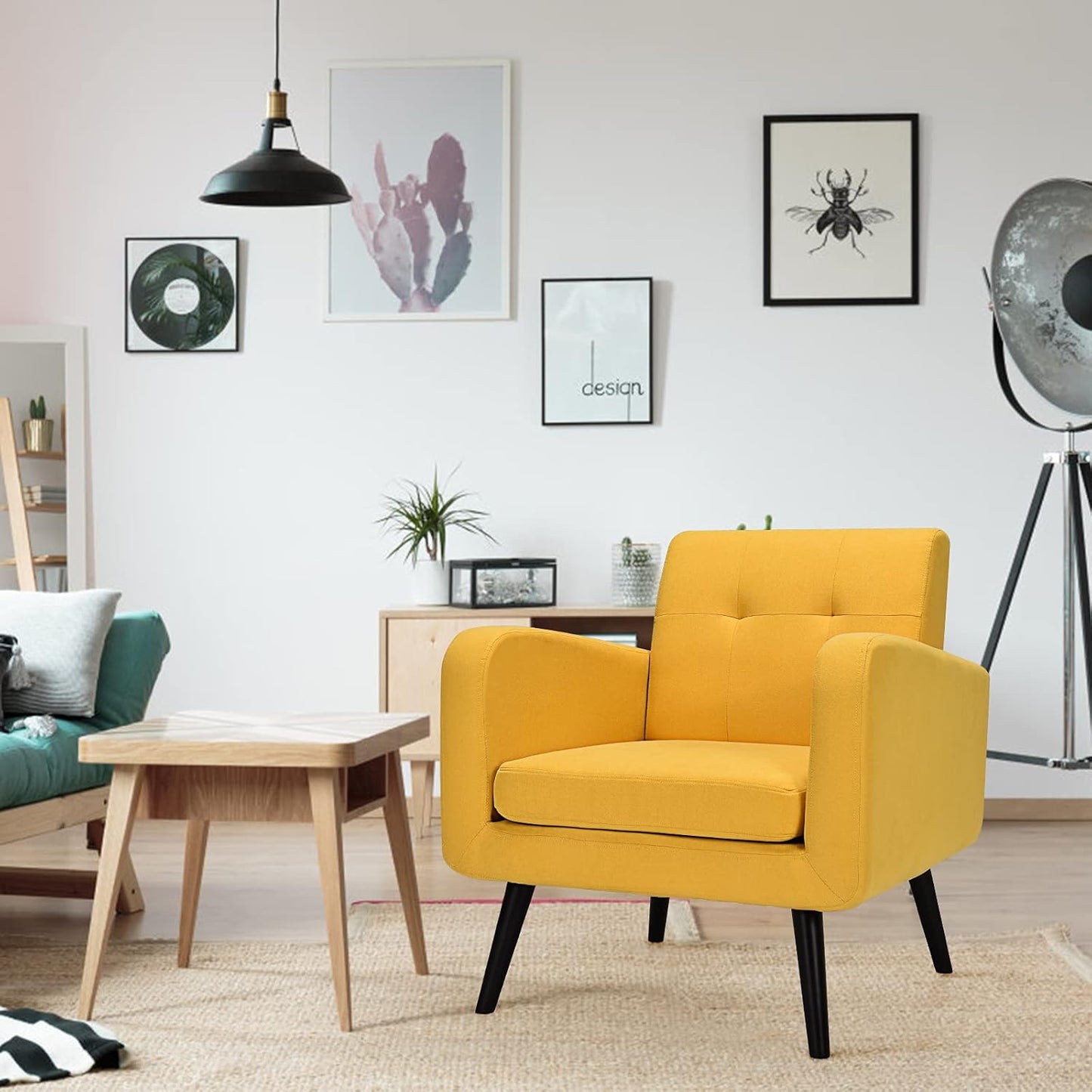 S AFSTAR Modern Upholstered Armchair, Mid-Century Fabric Accent Chair with Rubber Wood Legs, Leisure Lounge Chairs Living Room Furniture (2, Yellow)