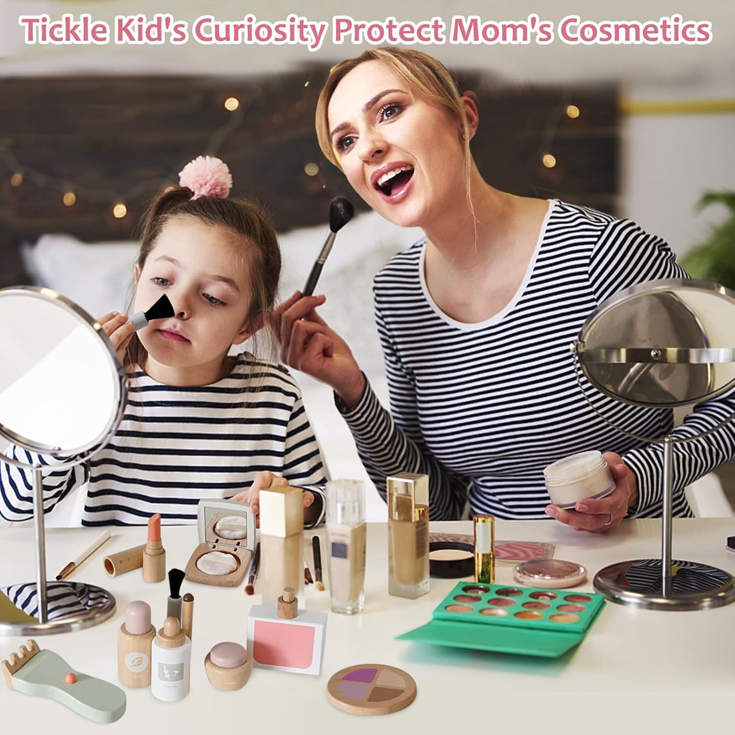 22 PCS Wooden Makeup Toy Set for Toddler Pretend Play,Wood Beauty Salon Toys Cute Wooden Makeup Kit with Realistic Accessories Gift for Girls 3 4 5 6