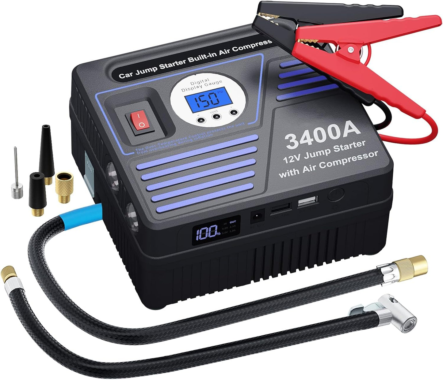 3000Amp Car Jump Starter with Air Compressor, 150PSI Tire Inflator with Digital Screen Pressure Gauge, 24000mAh 12V Auto Battery Booster (9.0L Gas/ 8.5LDiesel Engine), 2 USB Port 2 Light