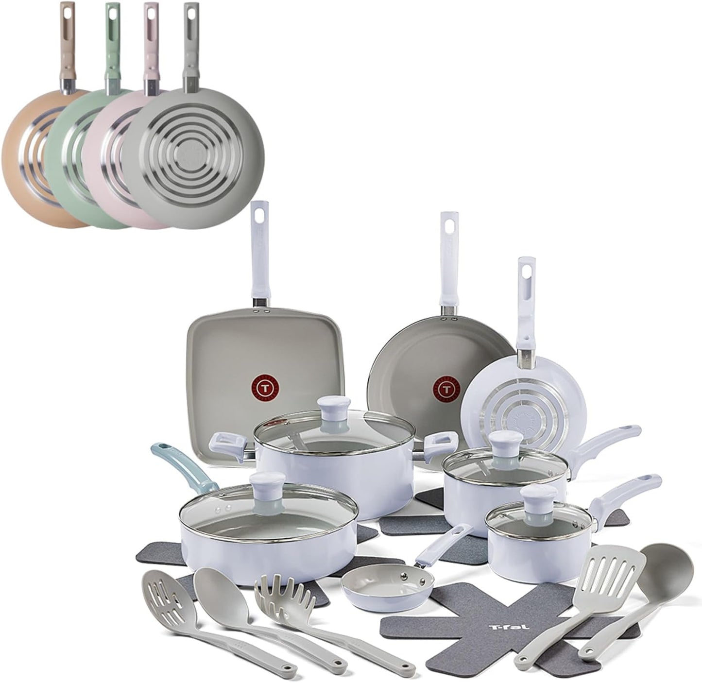 T-Fal Refresh Ceramic Nonstick Cookware Set, 12-Piece Ceramic Pots and Pans Set, Includes Stockpot, Griddle, Frying Pans, Utensils, Moon Grey