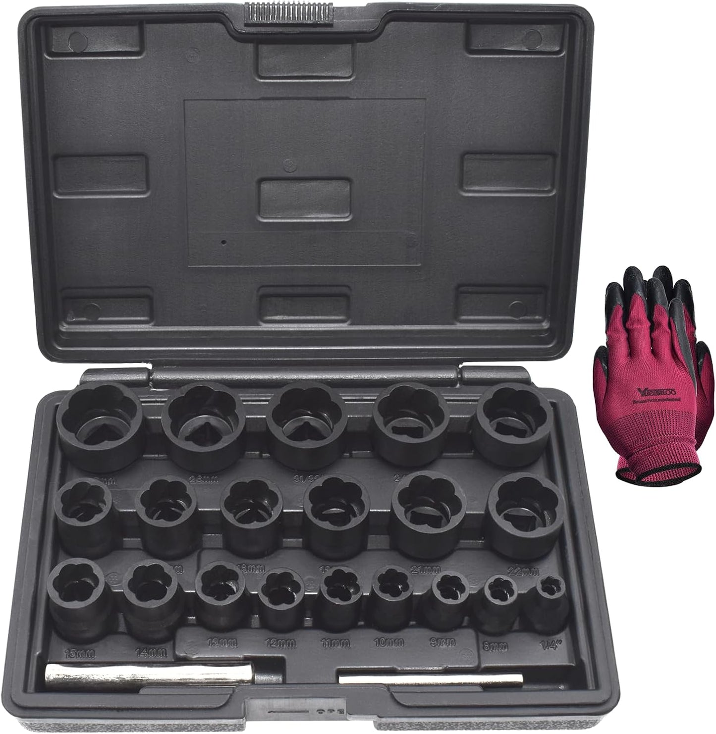 22 Pcs Bolt Nut Extractor Set, Yuesstloo 1/2" and 3/8" Drive Wheel Lock Removal Kit for Extracting Damaged, Stripped Frozen Nuts & Screws Twist Socket Set, Impact Lug Nut Remover Socket Tool