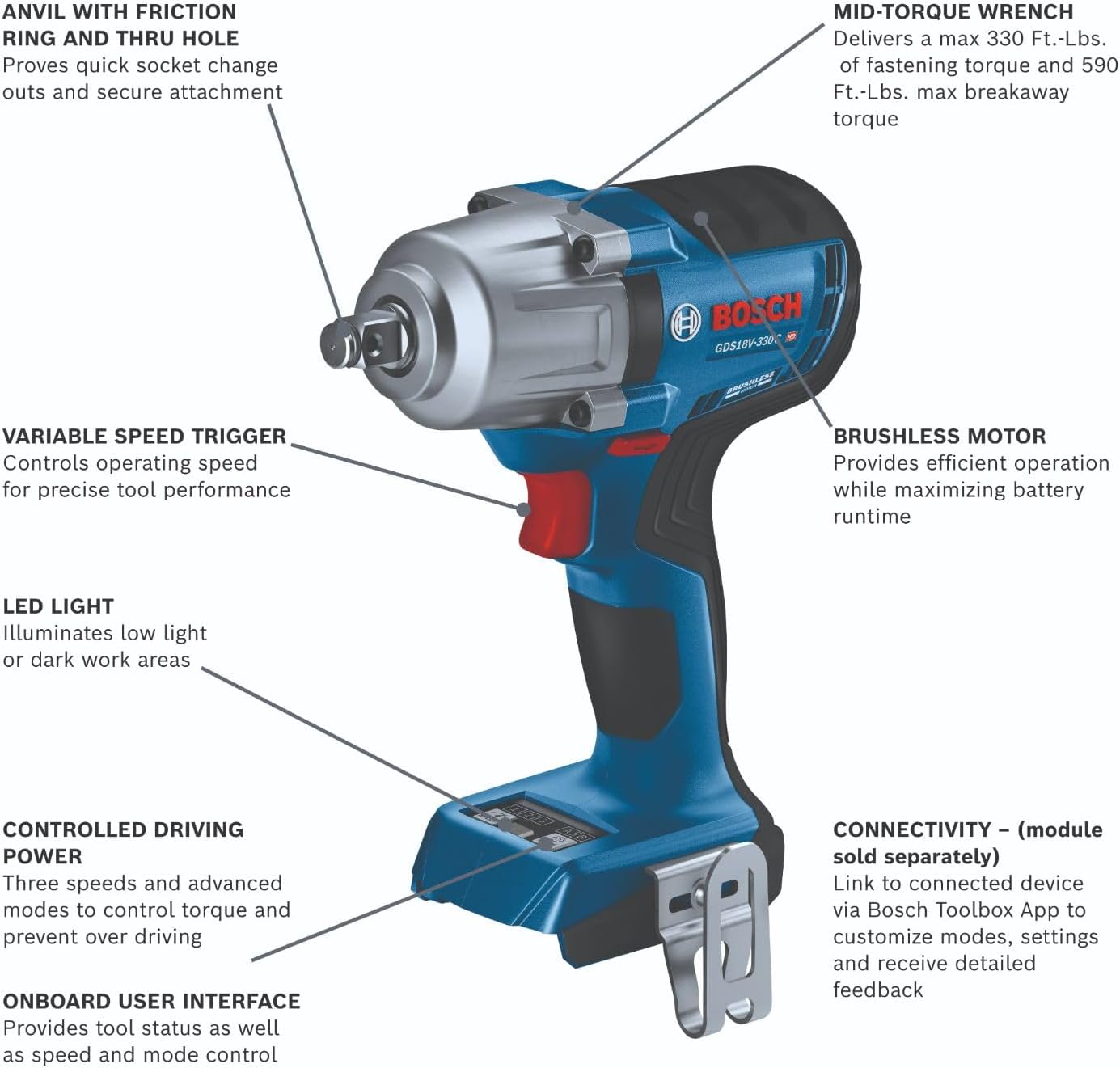 BOSCH GDS18V-330CN 18V Brushless Cordless Connected-Ready 1/2 In. Mid-Torque Impact Wrench with Friction Ring and Thru-Hole (Bare Tool)