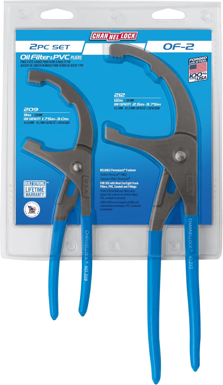 CHANNELLOCK OF-2 2pc Oil Filter/ PVC Pliers Set, Made in USA, Forged High Carbon Steel, Includes 9 and 12-inch Oil Filter/ PVC Pliers, Ideal for Engine Oil Filters, Conduit and Fittings