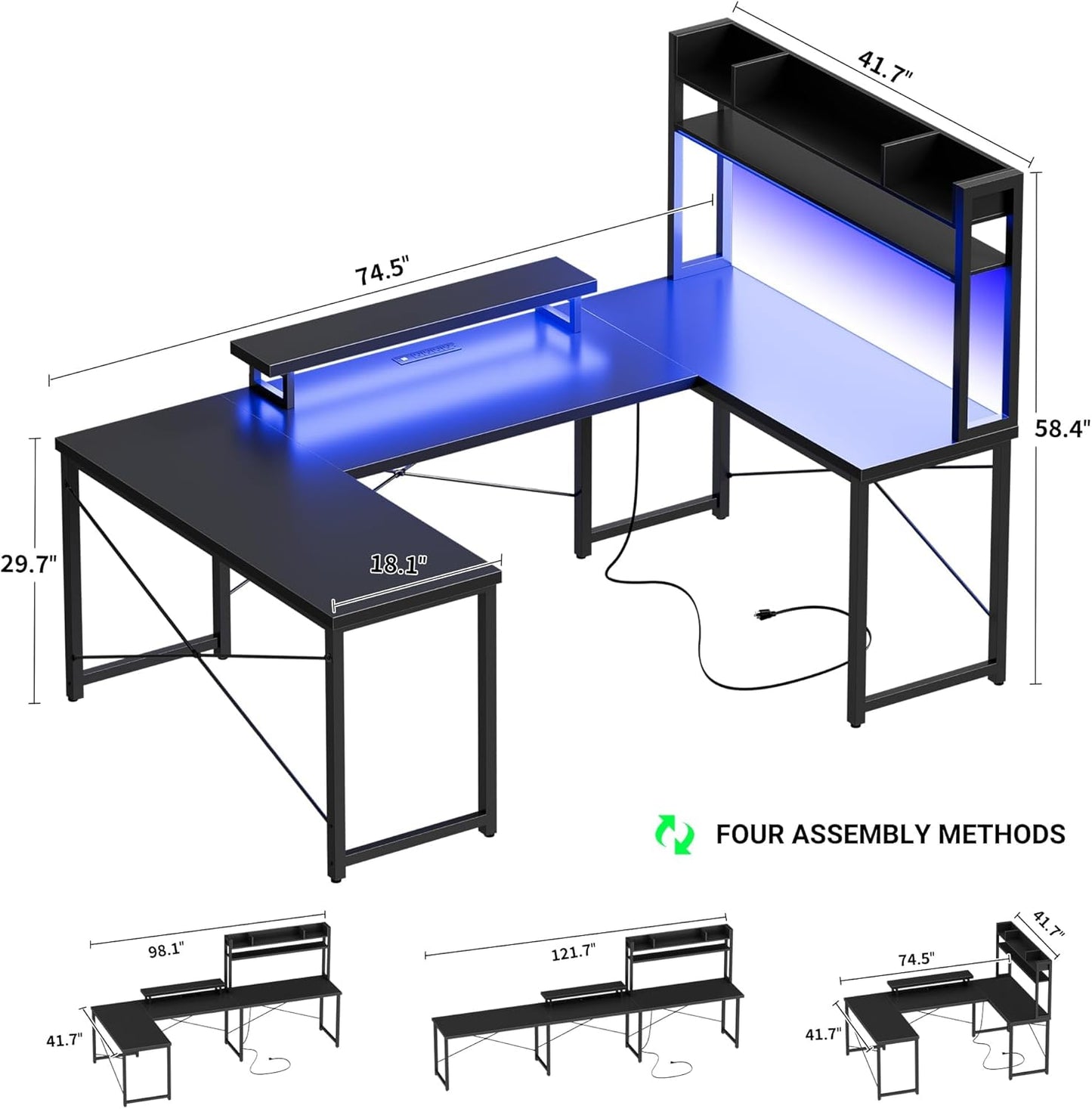 Unikito Large U Shaped Computer Desk with Hutch, Customizable Reversible L Shaped Office Desks with Power Outlets & LED Lights, Corner Gaming Table with Monitor Stand, 122” 2 Person Long Desk, Black