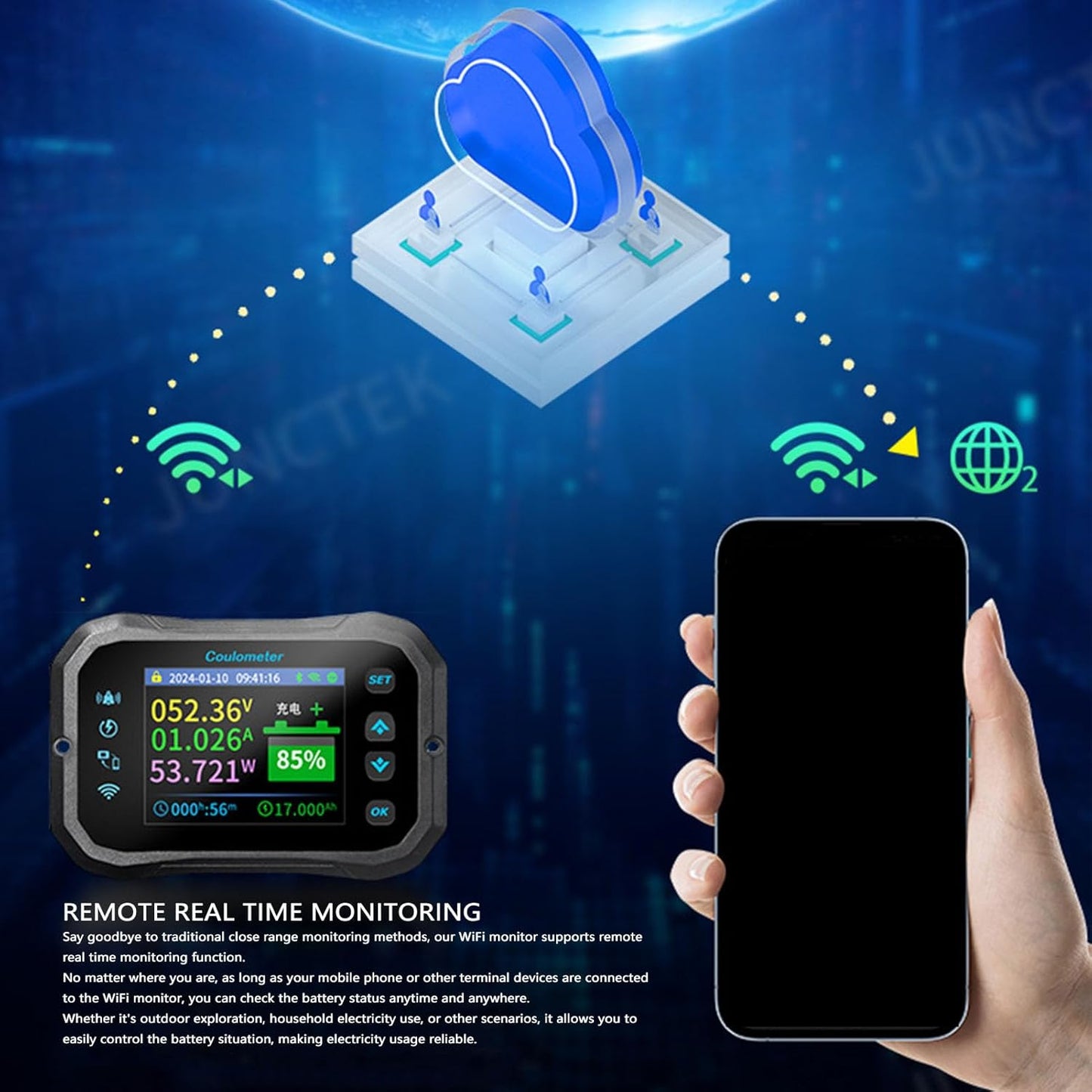 WiFi Battery Capacity Monitor, 10-100V 0-50A 2.4 inch HD Color LCD Screen, WiFi, Bluetooth, APP Remote Monitoring RV Battery Monitor with Shunt,Black