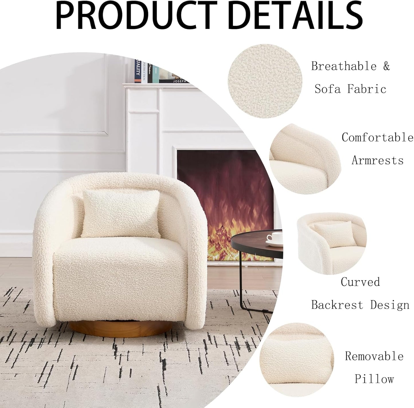 360 Degree Swivel Barrel Chair, Comfy Upholstered Accent Chair Modern Teddy Fabric Swivel Chair Pumpkin-Shaped Arm Chair for Living Room Bedroom Apartment Office （White）