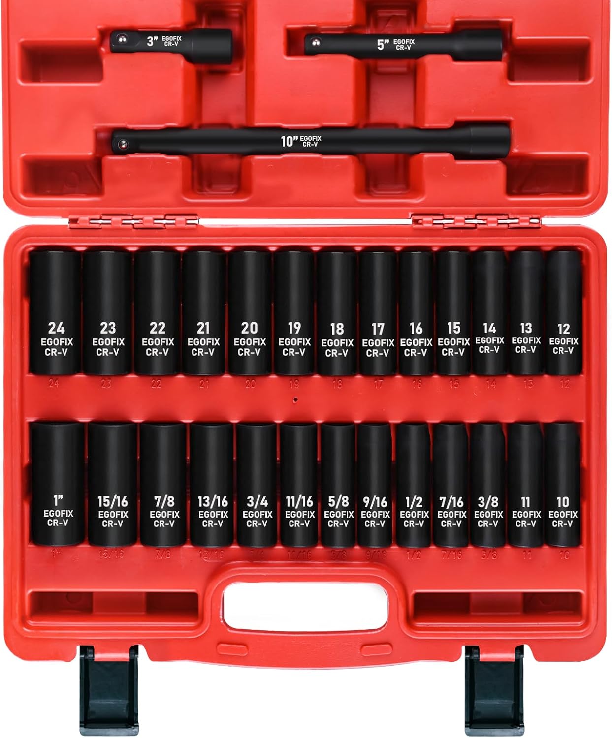 3/8" Drive Impact Socket Set, 50 Piece Standard SAE (5/16 to 3/4 inch) and Metric (8-22mm) 6 Point, with Adjustable Ratchet Handle, Extension Bars, Impact Universal Joint, Adapter, Cr-V Steel