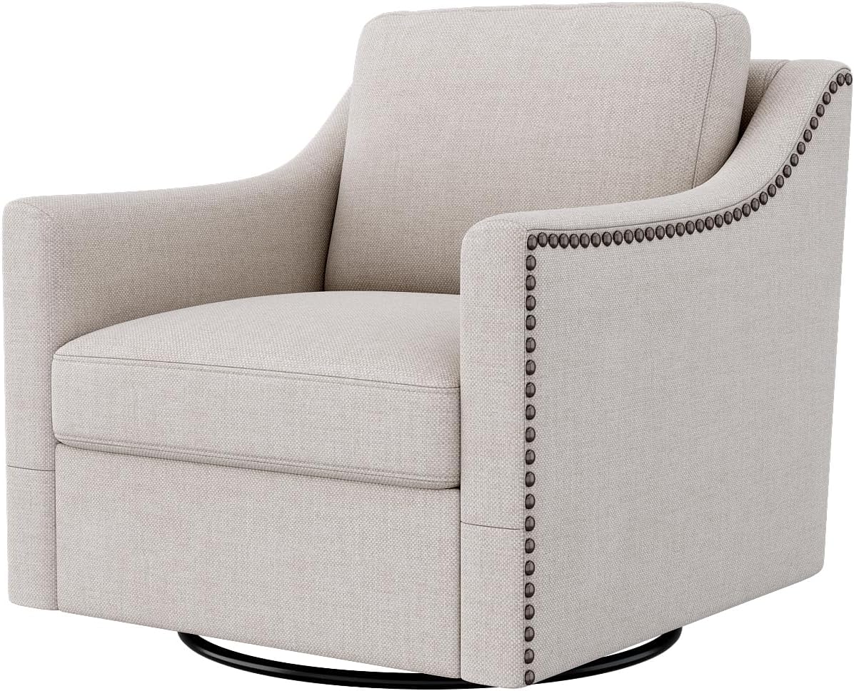 360 Degree Swivel Armchair Cotton Linen Fabric Ergonomic Design Brass Nail Decorative Armchair Living Room Chairs Bedroom Chairs (Gray)