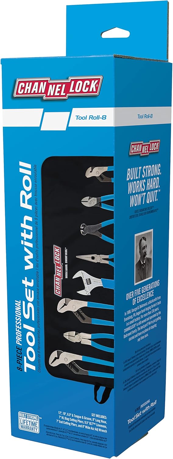 CHANNELLOCK TOOL ROLL-8 8-Piece Professional Tool Set with Tool Roll, Includes Straight Jaw Tongue & Groove, Linemen's, Cutting, and Long Nose Pliers, 1 Adjustable Wrench and Tool Roll