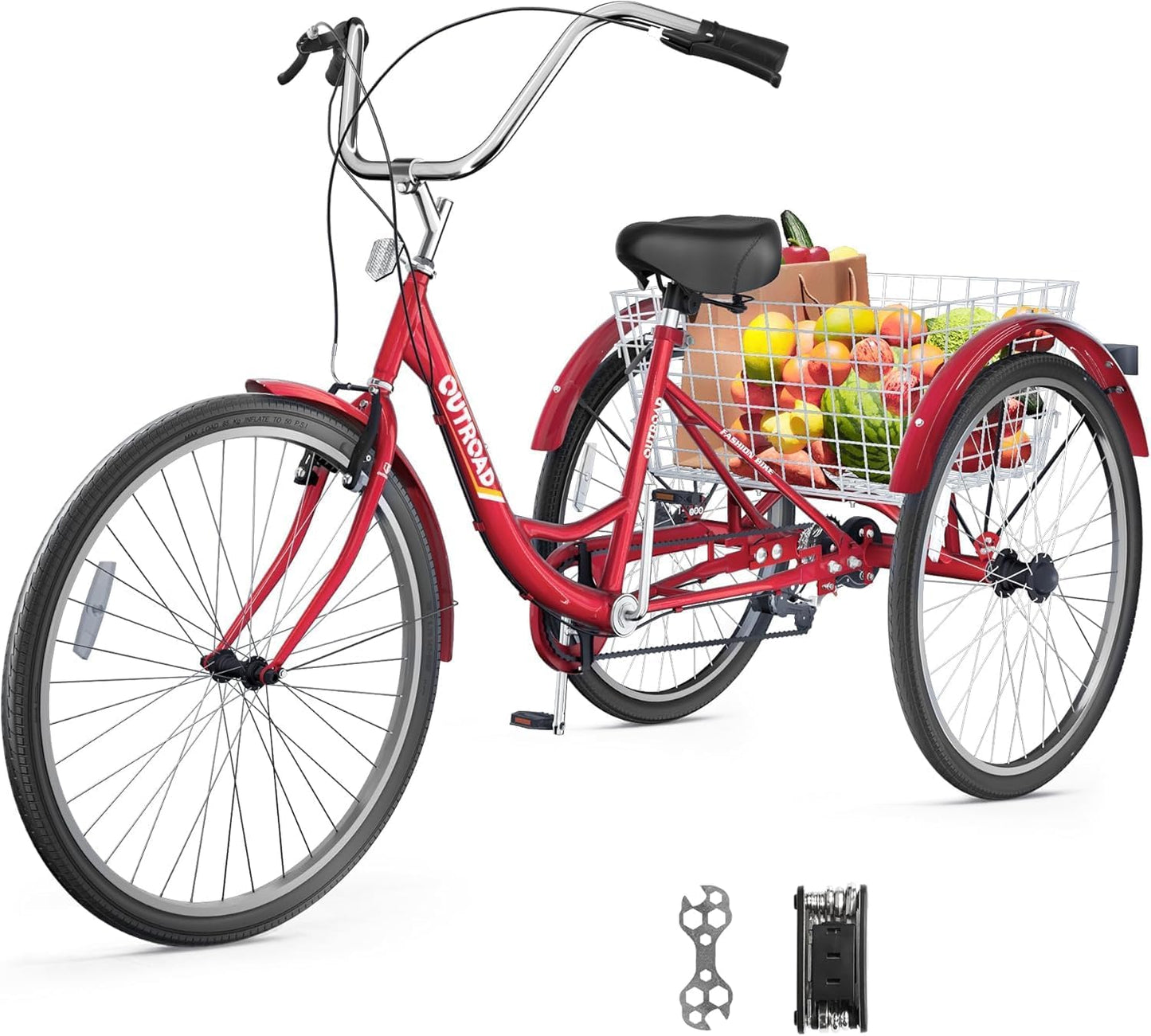 1/7 Speed Adult Tricycle, 24/26 Inch 3 Wheel Bikes with Large Basket, Cruiser Bike for Women/Men/Seniors, Adult Trike for Outdoor/Shopping/Recreation/Picnic