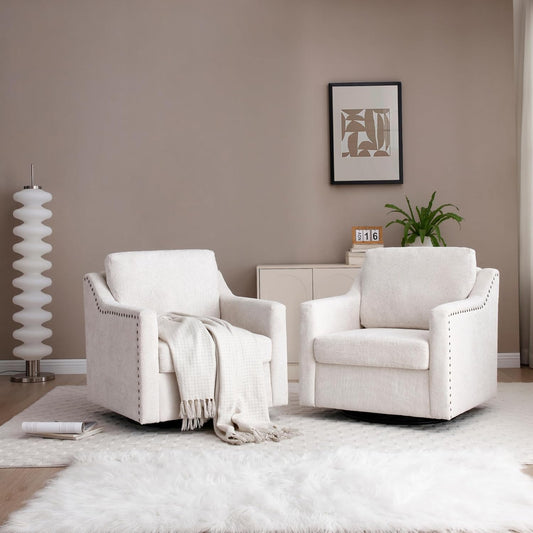 Swivel Accent Chair Oversized Arm Chair with Chenille Fabric Comfy Reading Barrel Chair Modern Living Room Chair with Thick Soft Cushion Wide Single Sofa Chair for Living Room (Beige, Set of 2)