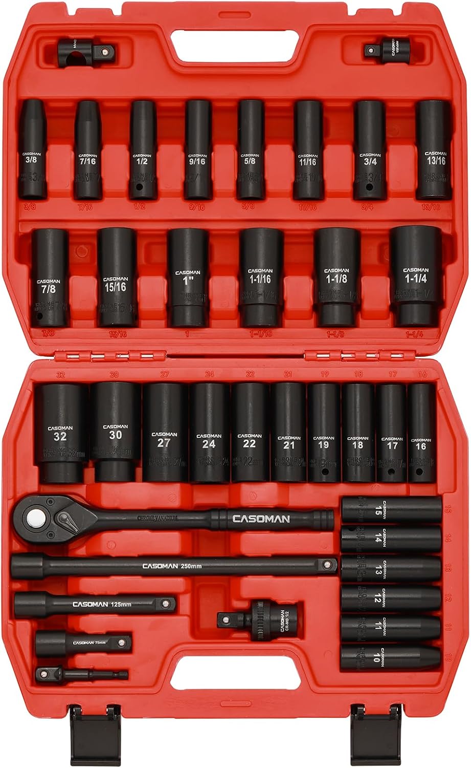 CASOMAN 1/2" Drive Master Impact Socket Set, 38 Piece Deep, Standard SAE (3/8" To 1-1/4") & Metric (10-32 mm) Sizes, Includes Extension Bar (3, 5, 10-inch), Adapters & Ratchet Handle, CR-V