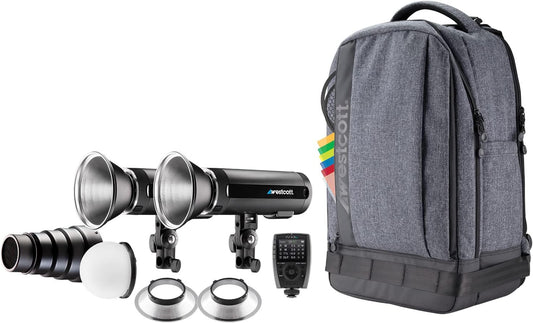 Westcott FJ200 Strobe 2-Light Backpack Kit with FJ-X3 M Universal Wireless Trigger - Portable Photography Lighting Kit with Diffusion Dome, Snoot, Gels, and Multi-Brand Trigger