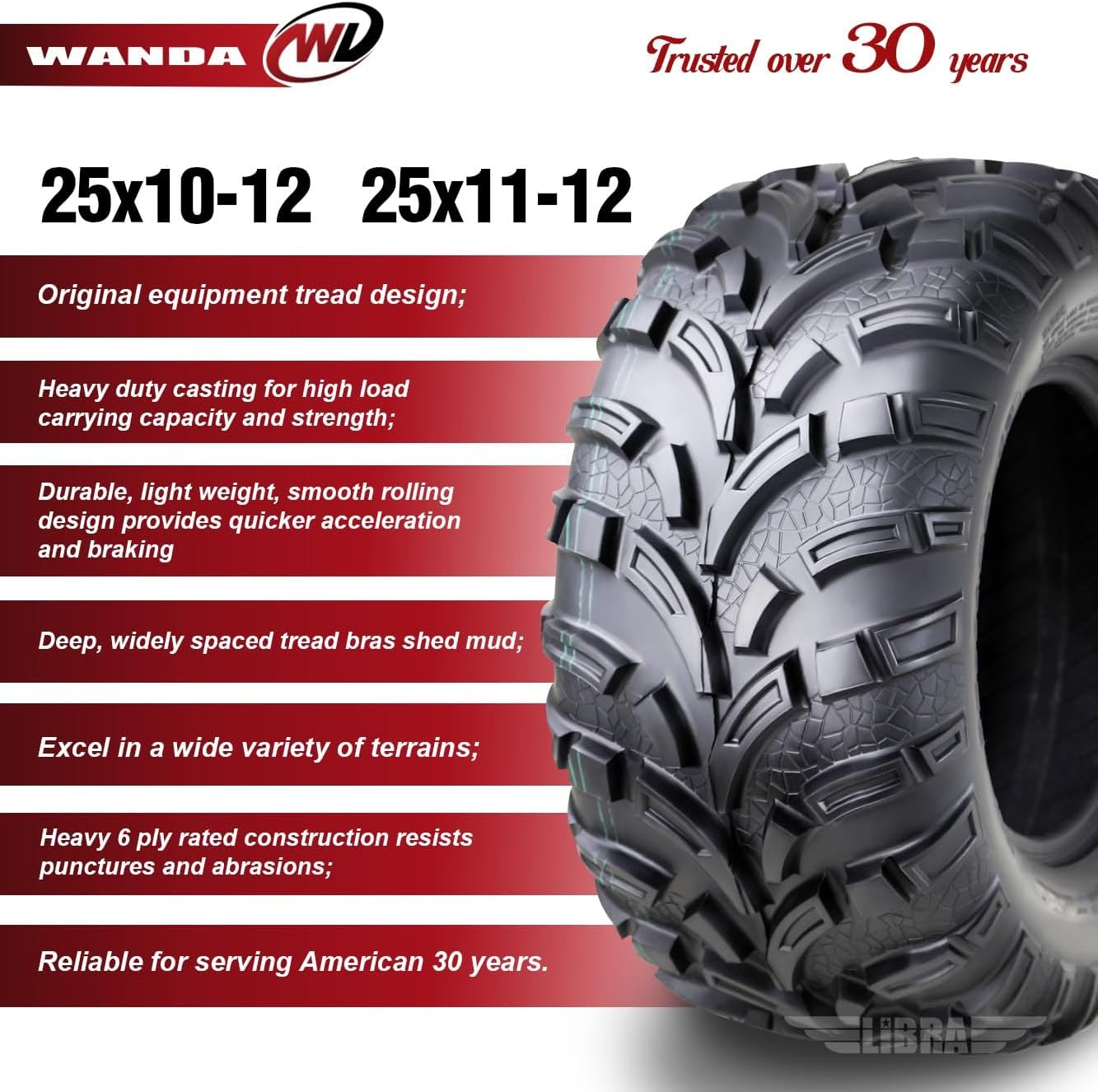 WANDA Set of 4 ATV tires 25x10-12 & 25x11-12 fit 2020 Polaris Ranger 1000