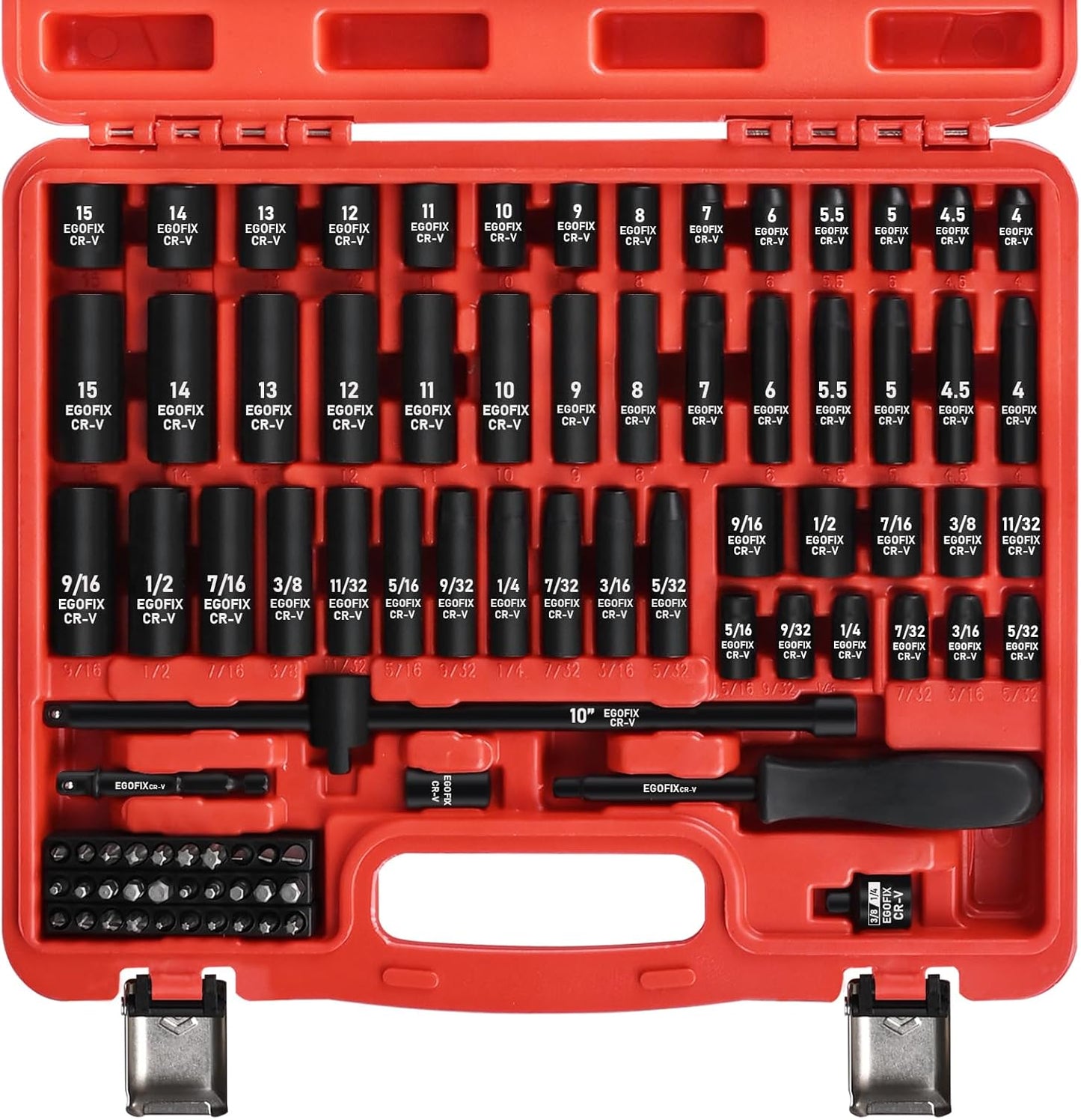 3/8" Drive Impact Socket Set, 50 Piece Standard SAE (5/16 to 3/4 inch) and Metric (8-22mm) 6 Point, with Adjustable Ratchet Handle, Extension Bars, Impact Universal Joint, Adapter, Cr-V Steel