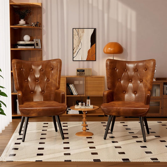 TLSUNNY PU Brown Accent Chair, Comfy Upholstered Armchair with Metal Legs, High Backrest Living Room Chair, Wingback Chair Mid Century Modern for Living Room/Vanity/Bedroom (2 pcs)