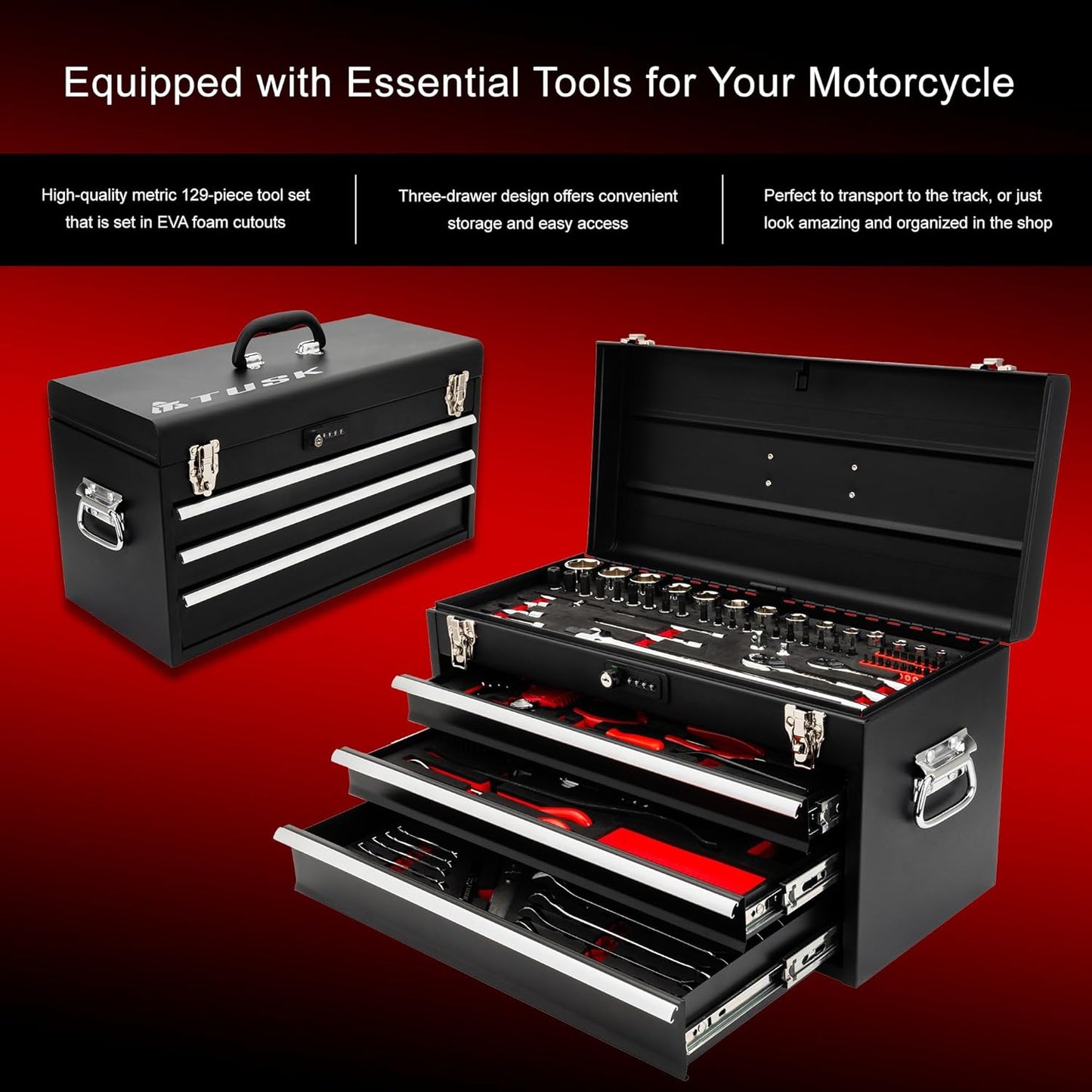 TUSK 3 Drawer Shop Tool Box with Resettable Combo Lock with 129-piece Count Tool Set-Durable Chrome Vanadium Steel