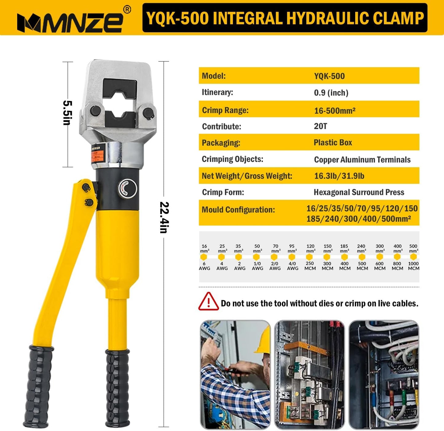 20 Ton Hydraulic Cable Lug Crimper Pliers 6 AWG to 1000 MCM Hand Operated Hydraulic Crimping Tool Kit Wire Terminal Lug Battery Crimping Crimper with 13 Dies