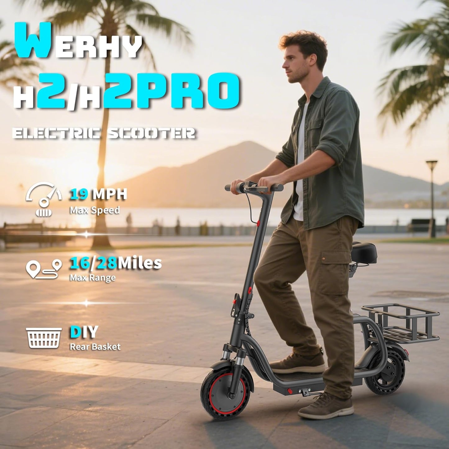 WERHY Electric Scooter with Seat & Basket, 350W Motor, 8.5'' Solid Tires, Top Speed 19mph, Max 16/27 Miles Ranges, Foldable E-Scooter with Suspension, Digital Display