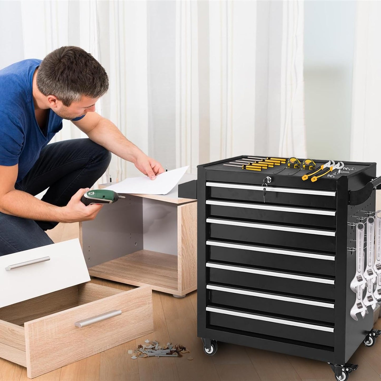 Rolling Tool Chest 7 Drawers, Metal Tool Box with Wheels Lockable Garage Storage Cabinets Sliding Tool Drawer Cart Toolbox Organization Workbench for Workshop Warehouse Repair Shop