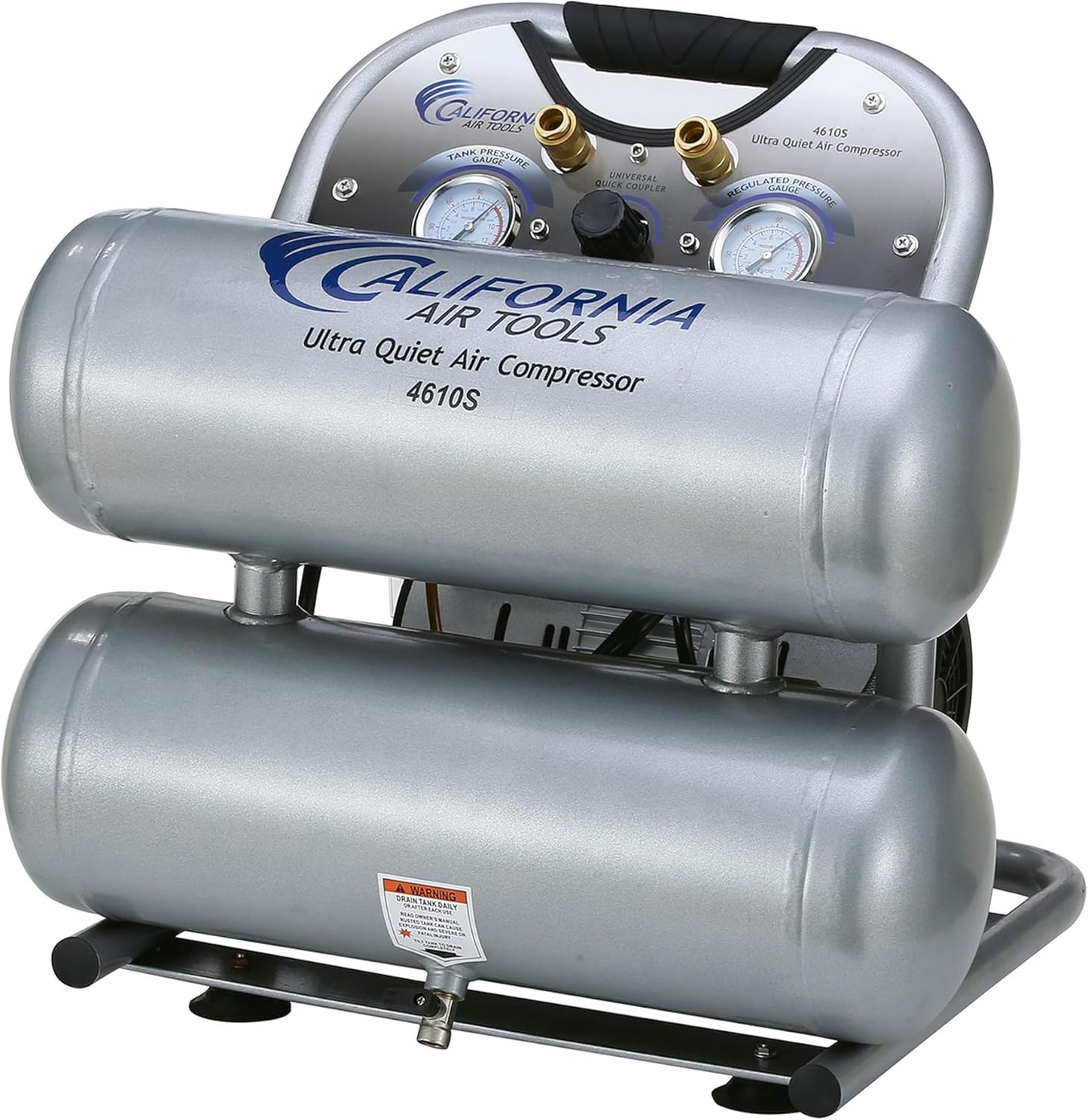 California Air Tools 4610ALFC 1.0 HP Ultra Quiet and Oil-Free Air Compressor, 4.6 Gallon Aluminum Twin Tank, 60 dBA Noise Level, Lightweight, Portable, Industrial Series, Silver