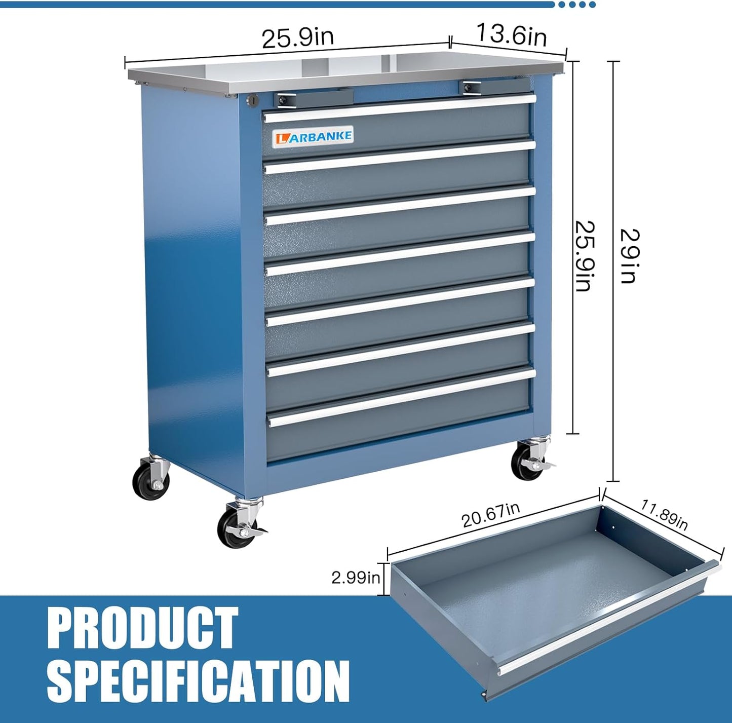7-Drawer Rolling Tool Chest with 360°Wheels and Padded Feet,Tool Chest with Stainless Steel Countertop,Tool Cabinet with Secure Locking System,for Home, Garage and Office