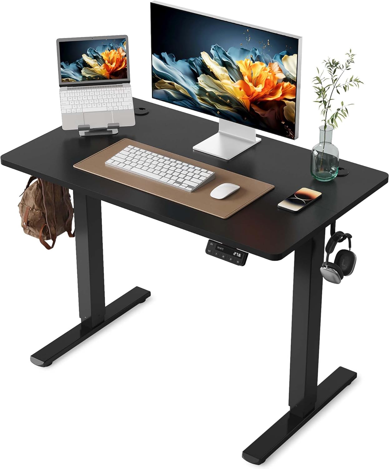 YIHAYO Electric Standing Desk, 48 x 24 Inches Stand Up Desk with Splice Board, Adjustable Height Desk, Computer Desk for Home Office, Black Frame/Rustic Brown Top