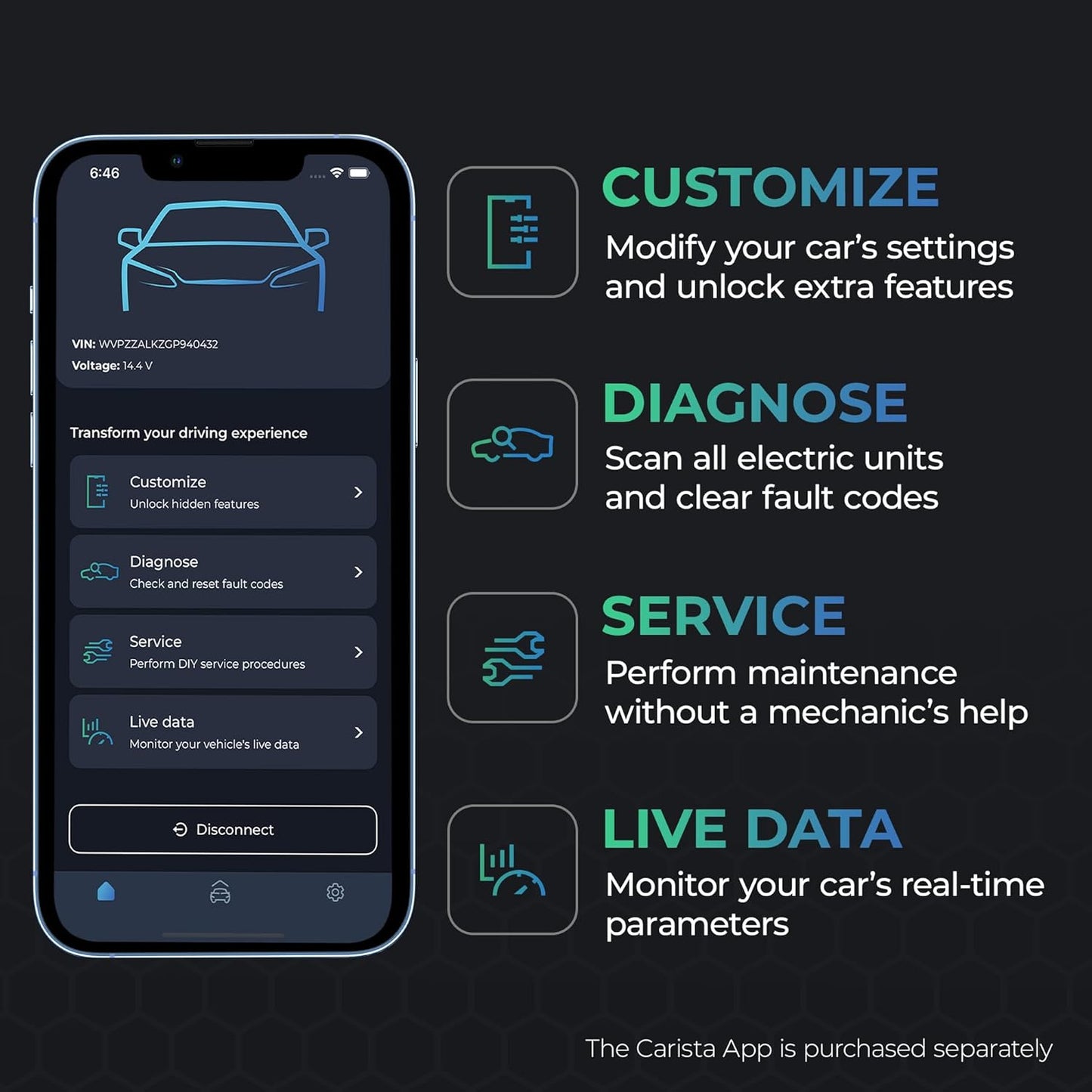 Carista EVO - Bluetooth OBD2 Scanner - Car Diagnostic Tool & Code Reader with Access to Diagnostics, Customizations, Service Tools & Live Data (Subscription Required)
