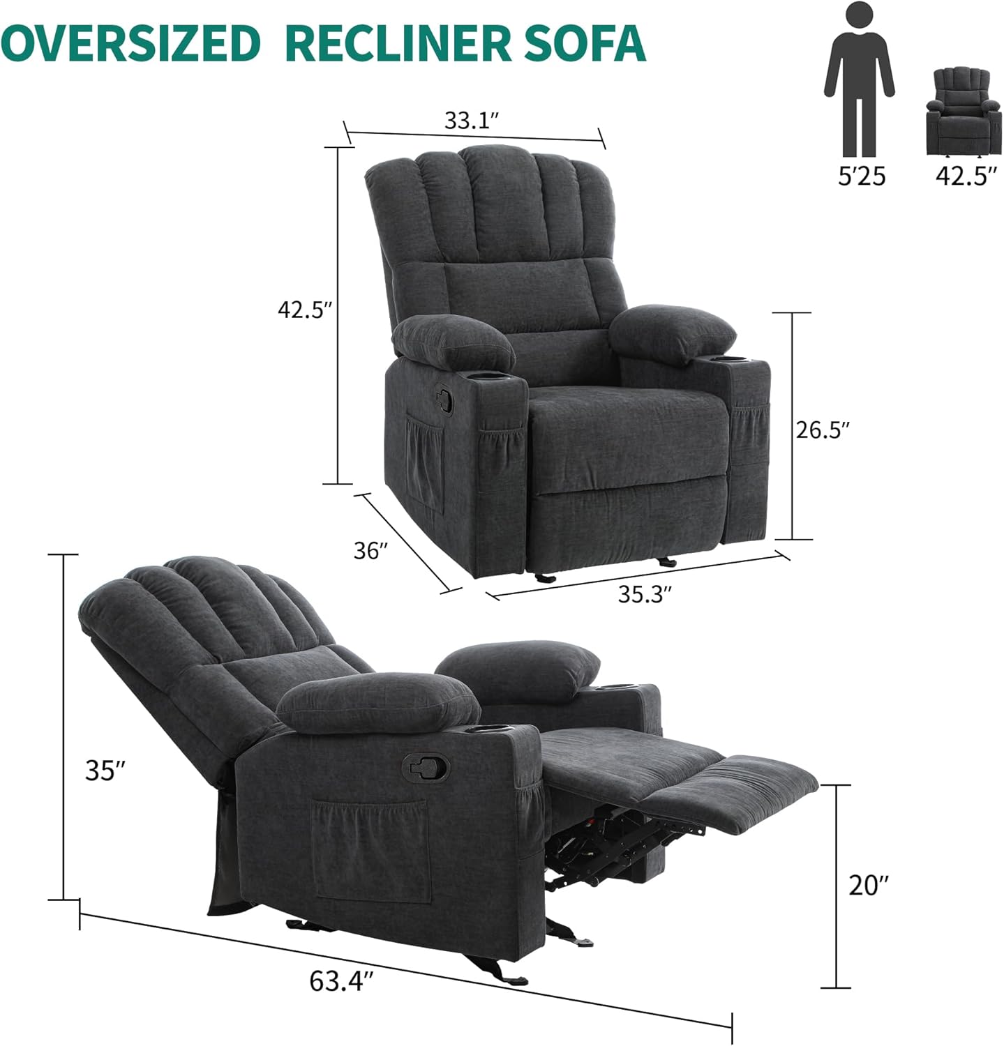 YITAHOME Glider Rocker Recliner Chair with Massage & Heat, 160° Manual Rocking Recliner Chair with USB Ports, Cup Holders & Side Pockets, Fabric Reclining for Elderly, Grey