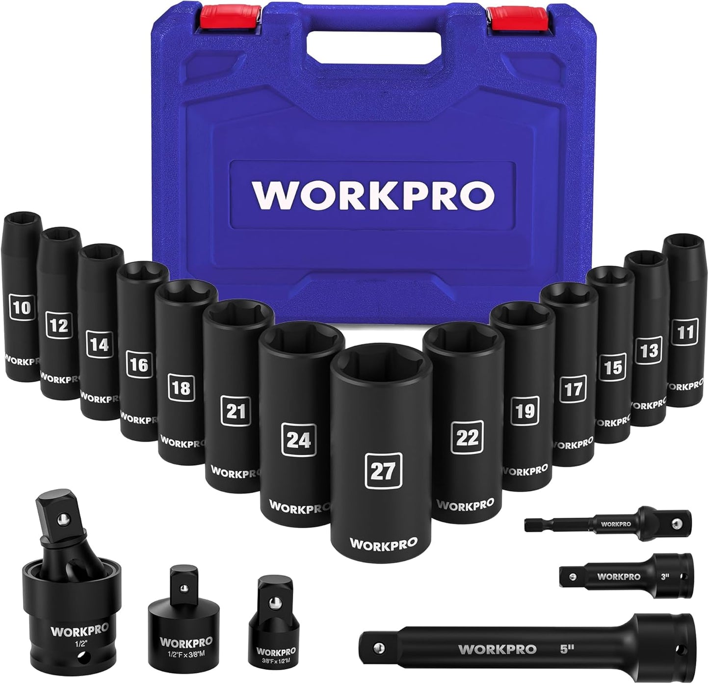 WORKPRO 14-Piece 1/2＂ Drive Deep Impact Socket Set, 6-Point Impact Deep Socket Set with Heavy Duty Storage Case for Automotive and Mechanical Repairs, 10mm-27mm, Cr-V Steel, Metric