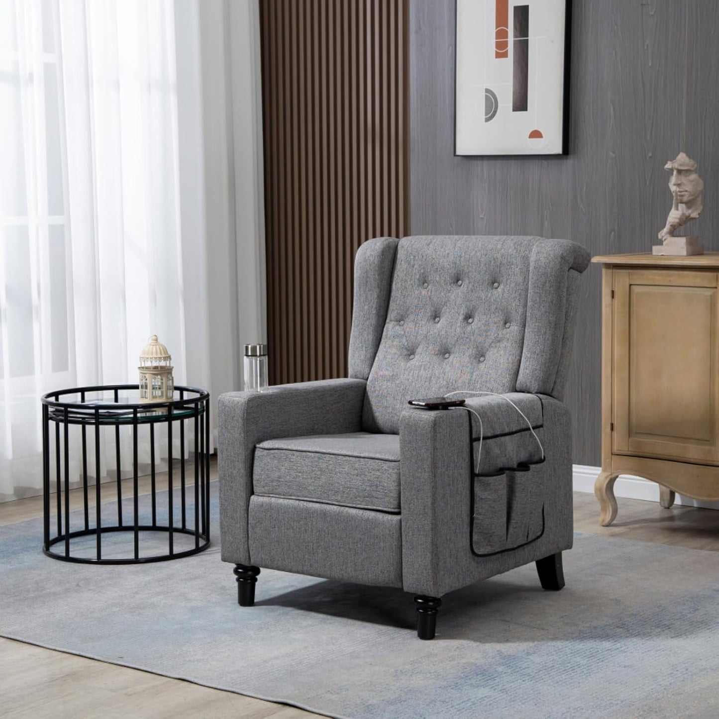 Arm Pushing Recliner Modern Button Tufted Wingback Push Back Recliner Living Room Chair Fabric Pushback Manual Single Reclining Sofa Home Theater Seating for Bedroom (Navy Blue)