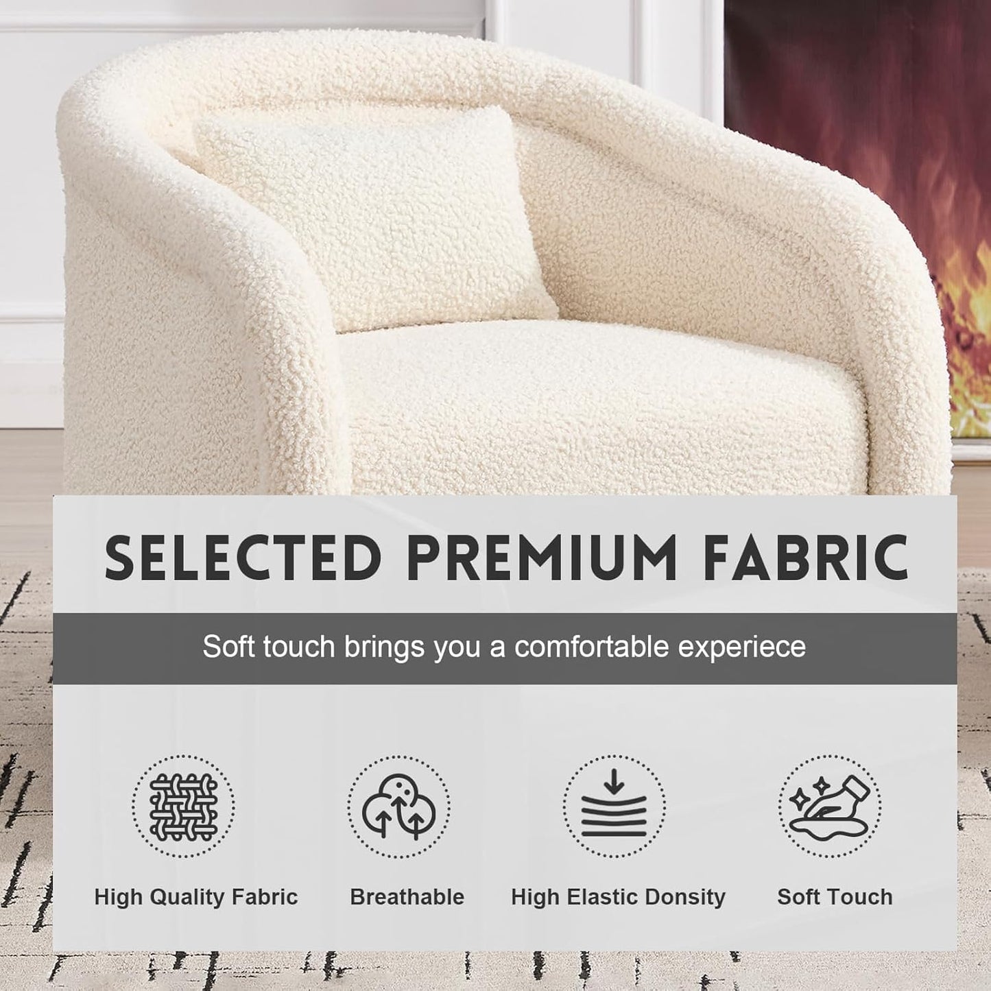 360 Degree Swivel Barrel Chair, Comfy Upholstered Accent Chair Modern Teddy Fabric Swivel Chair Pumpkin-Shaped Arm Chair for Living Room Bedroom Apartment Office （White）