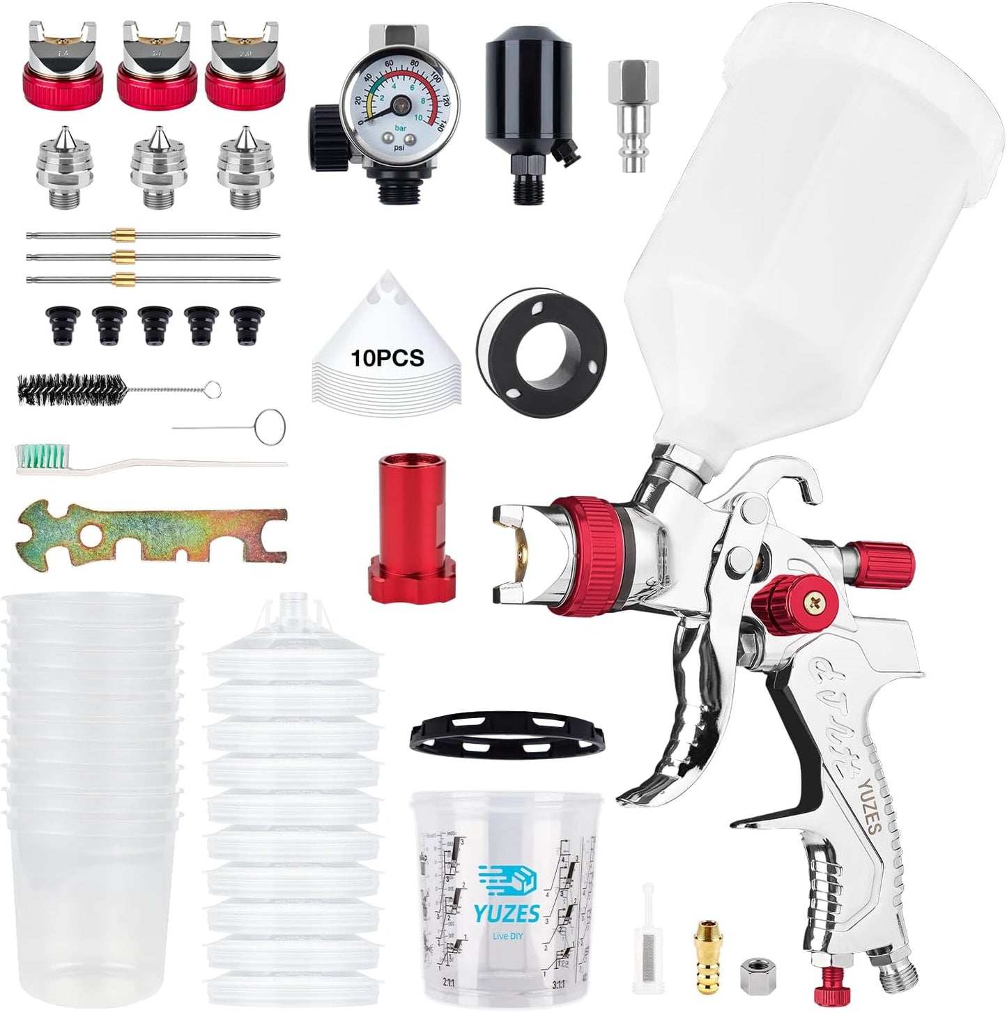 YUZES HVLP Spray Gun with 1.4/1.7/2.0mm Nozzles Set, Easy to Use Paint Guns Automotive with 10 Disposable Paint Cups, Paint Spray Gun for Painting Cars, Furniture, Primer and Top Coat