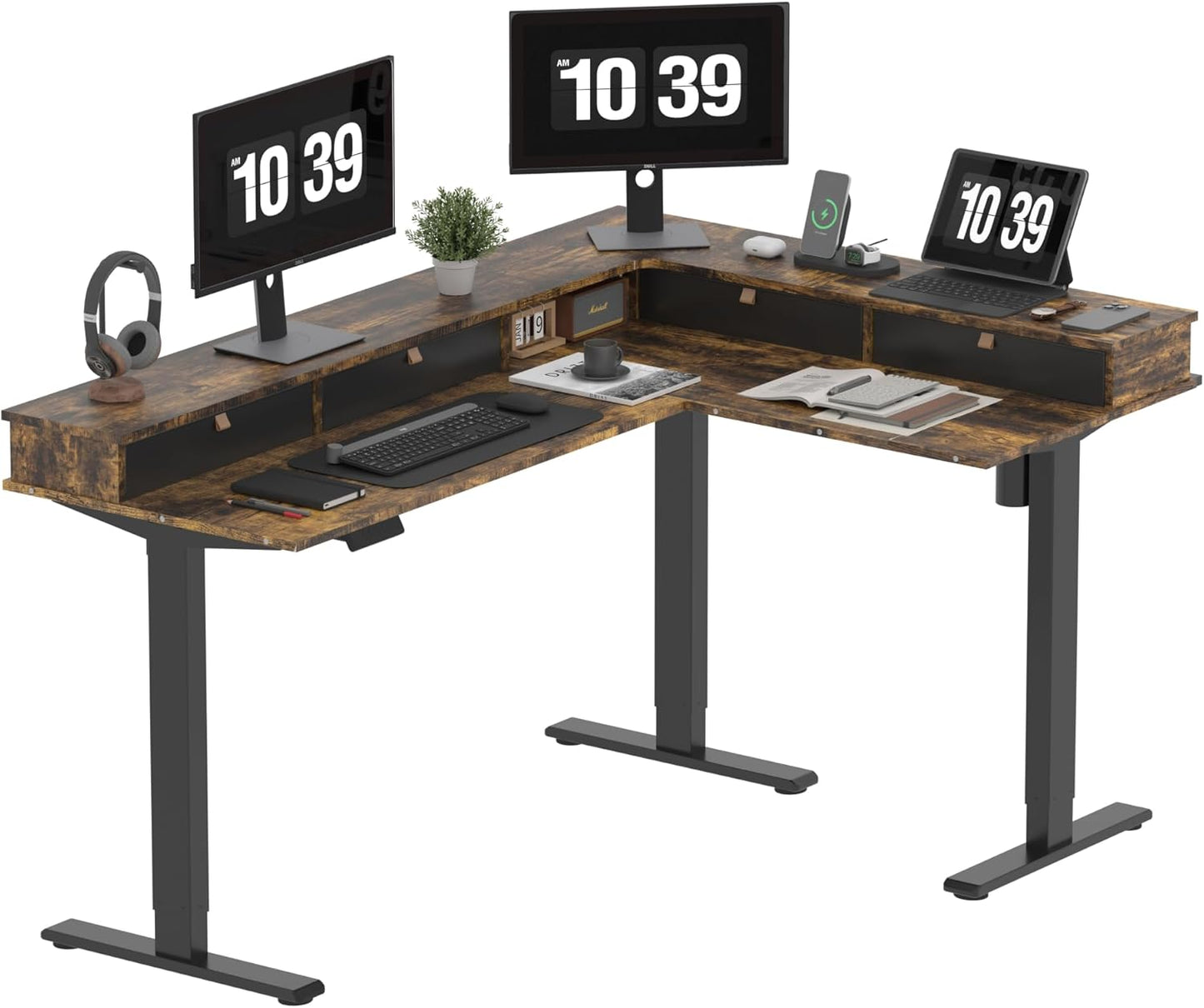 SANODESK 71" L Shaped Standing Desk with 4 Drawers, Height Adjustable Stand up Desk, Corner Gaming Desk with Monitor Stand, White Frame/White Top