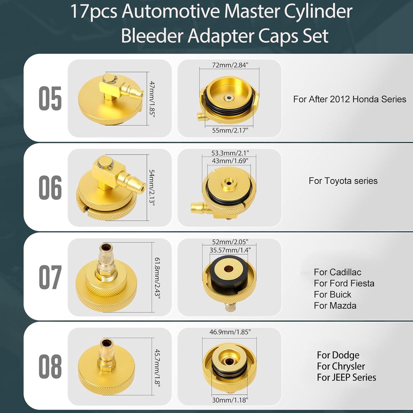 17pcs Automotive Master Cylinder Brake Bleeder Adapter Caps Set Brake Pressure Bleeder Kit with Quick Connector Brake Fluid Bleeding or Refilling Compatible with VW Ford Tesla etc.