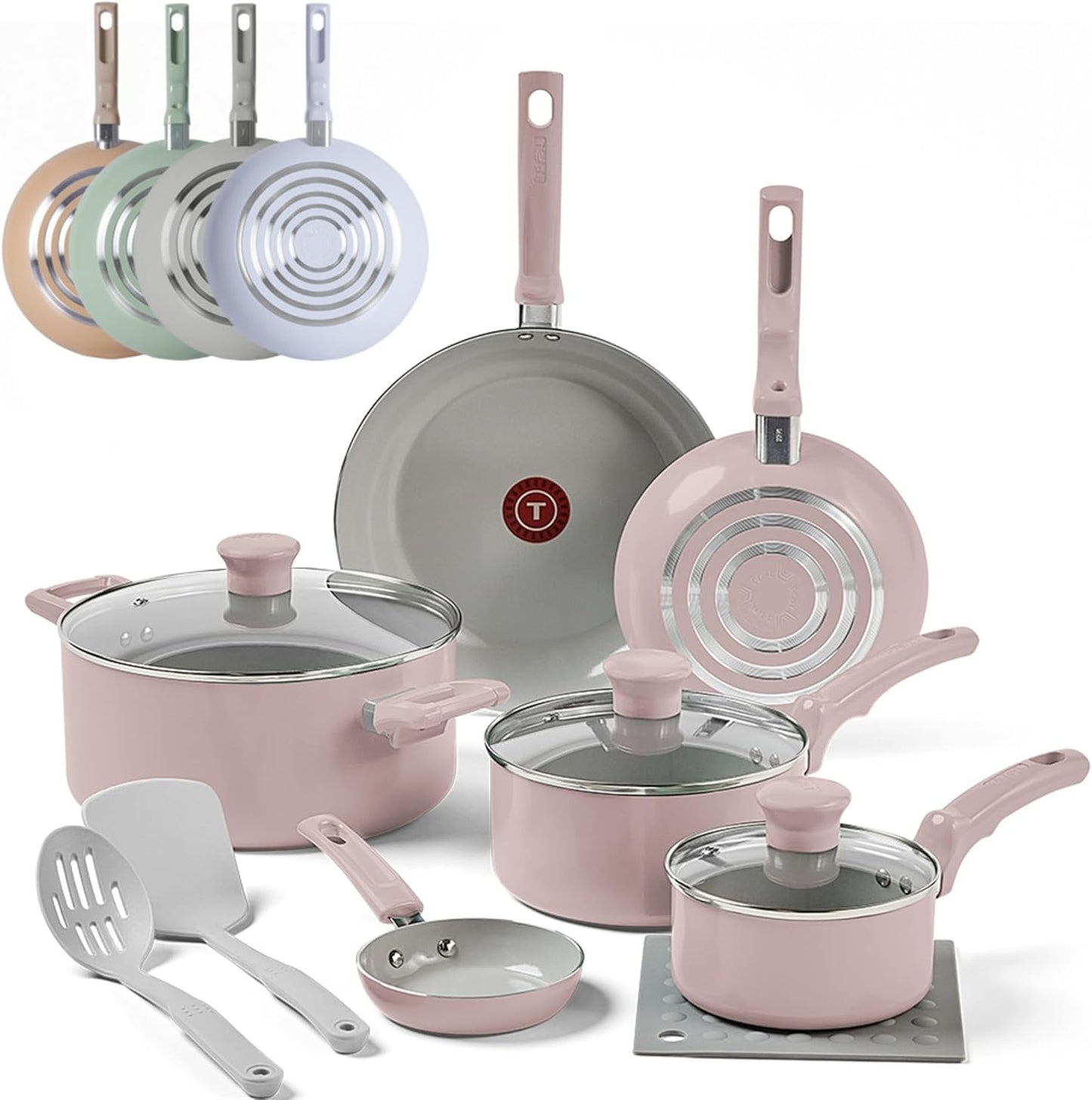 T-Fal Refresh Ceramic Nonstick Cookware Set, 12-Piece Ceramic Pots and Pans Set, Includes Stockpot, Griddle, Frying Pans, Utensils, Moon Grey